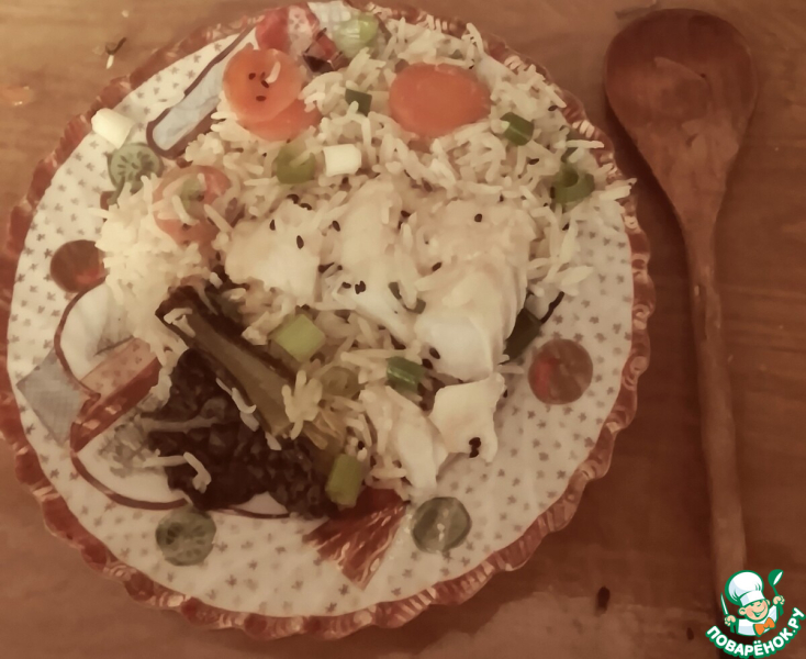 Треска с имбирной зеленью, морковью, рисом